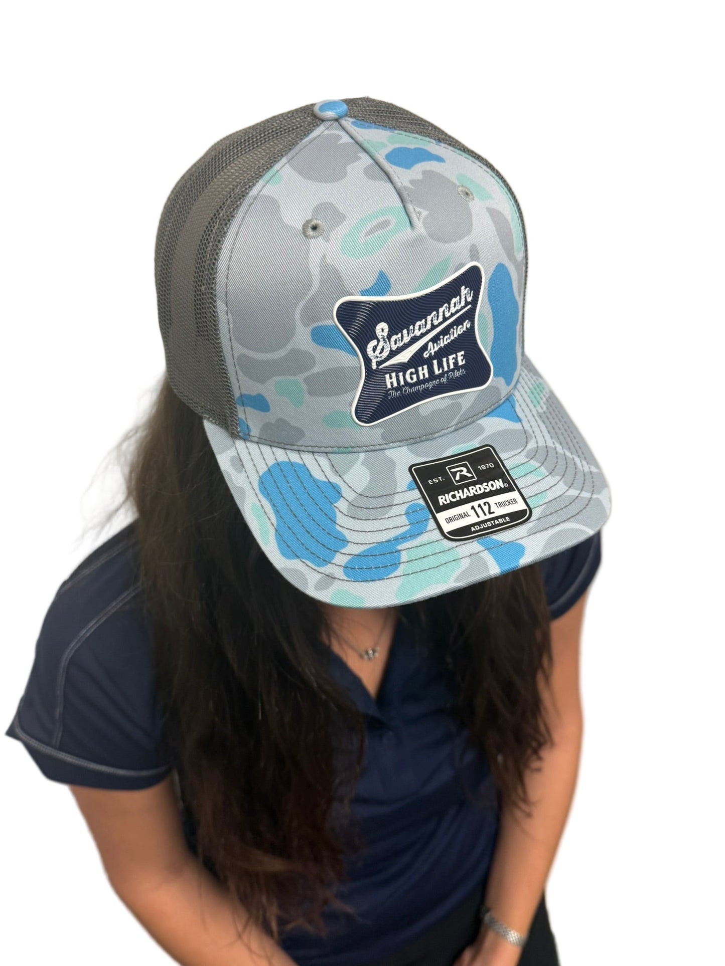 Blue Camo Aviation Mesh Hat - Blue & White SA High Life Logo