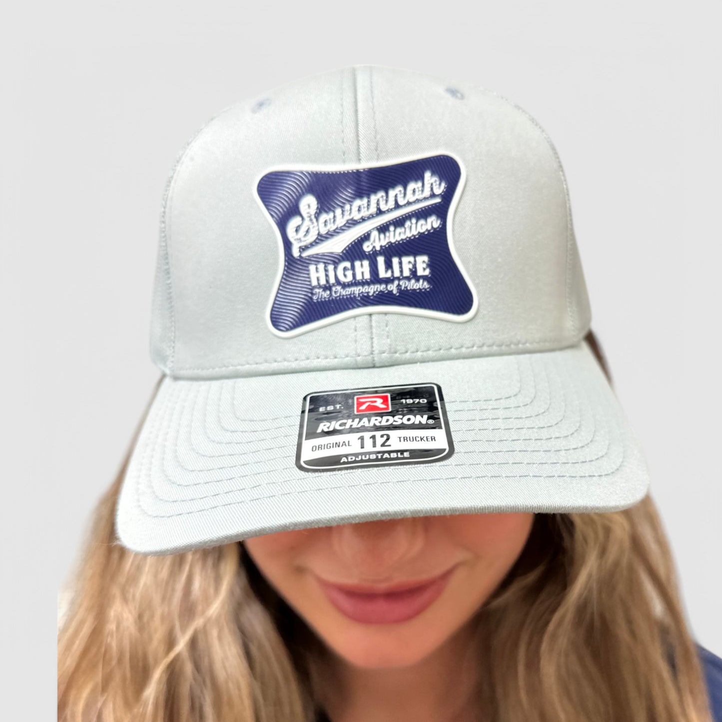 Solid Light Serene Blue Aviation Mesh Hat - Blue & White SA High Life Logo