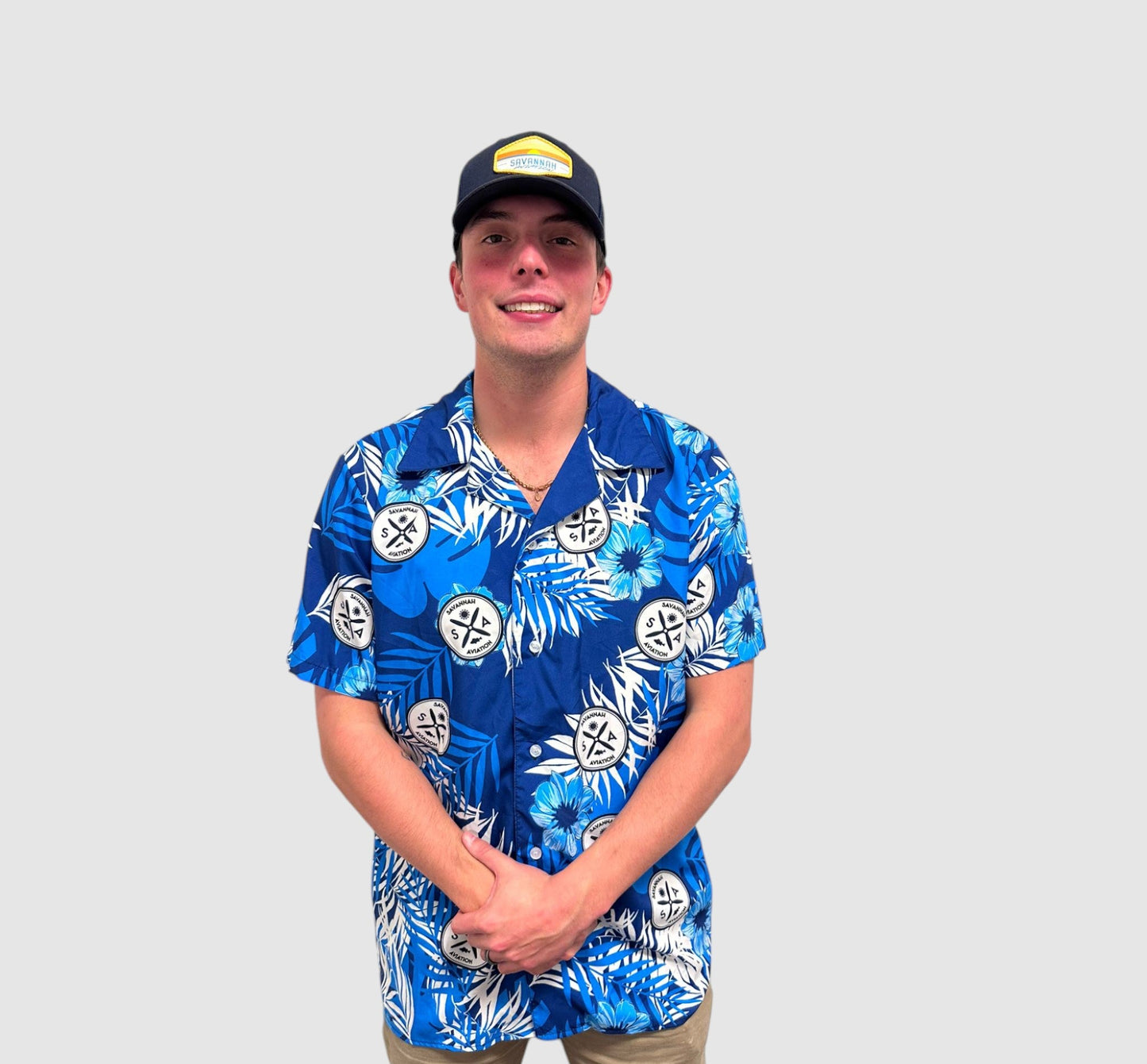 Blue Hawaiian Savannah Aviation Aloha Shirt – Tropical Floral Button-Up