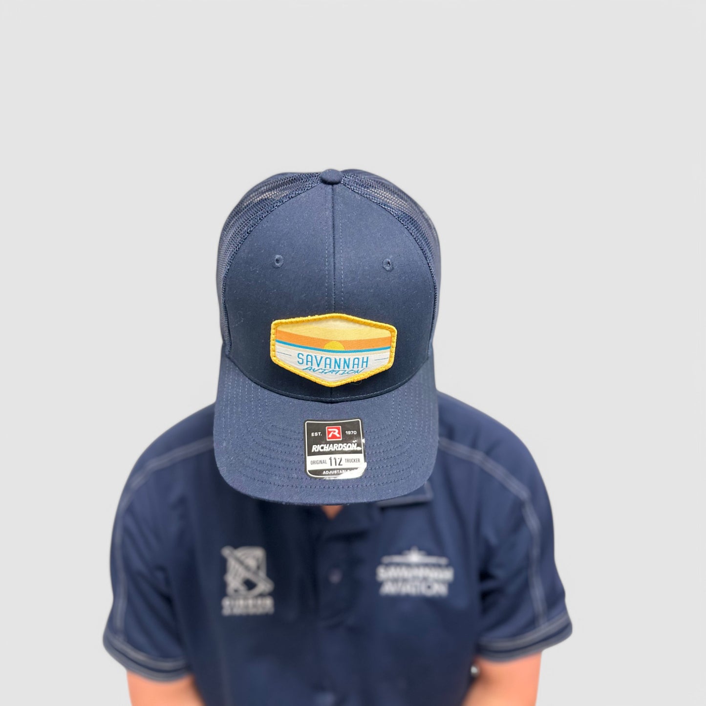 Solid Navy Blue Aviation Mesh Hat - SA Sunset Logo