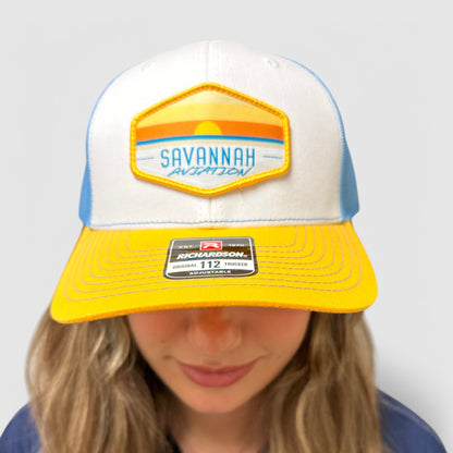 2-Tone Aviation Mesh Hat Sunset Yellow, Light Blue & White- SA Sunset Logo