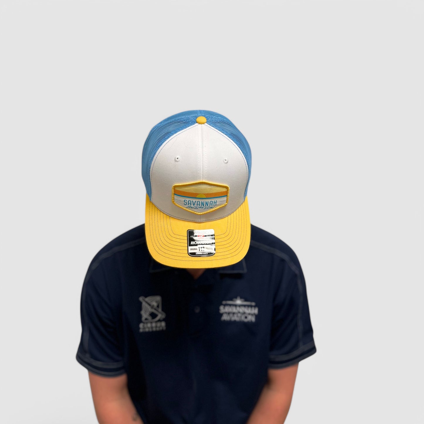 2-Tone Aviation Mesh Hat Sunset Yellow, Light Blue & White- SA Sunset Logo