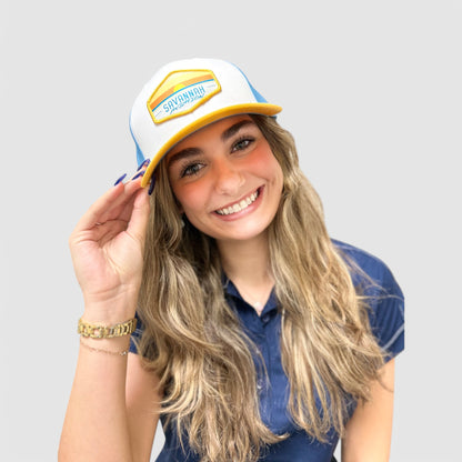 2-Tone Aviation Mesh Hat Sunset Yellow, Light Blue & White- SA Sunset Logo