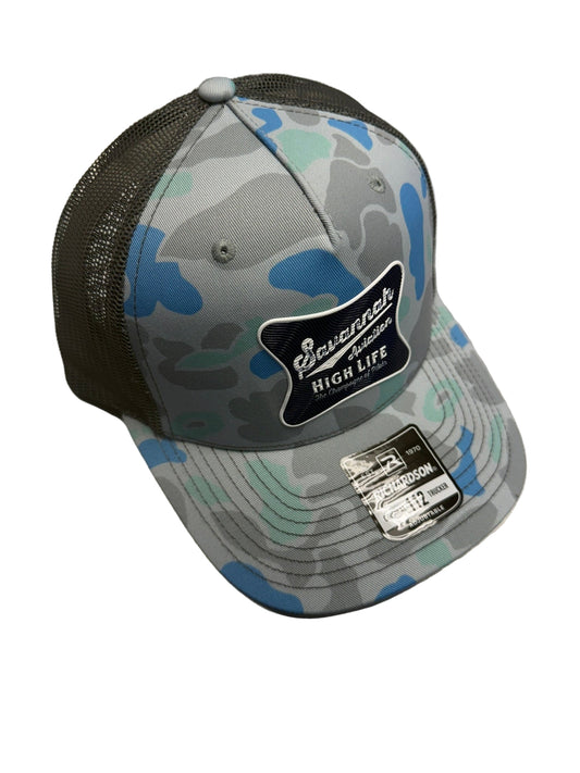 Blue Camo Aviation Mesh Hat - Blue & White SA High Life Logo