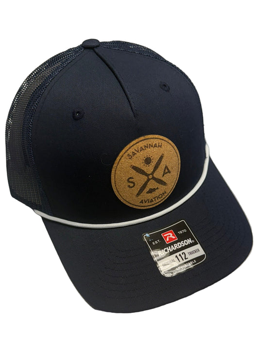 Navy White Rope Aviation Mesh Hat - Leather SA Logo