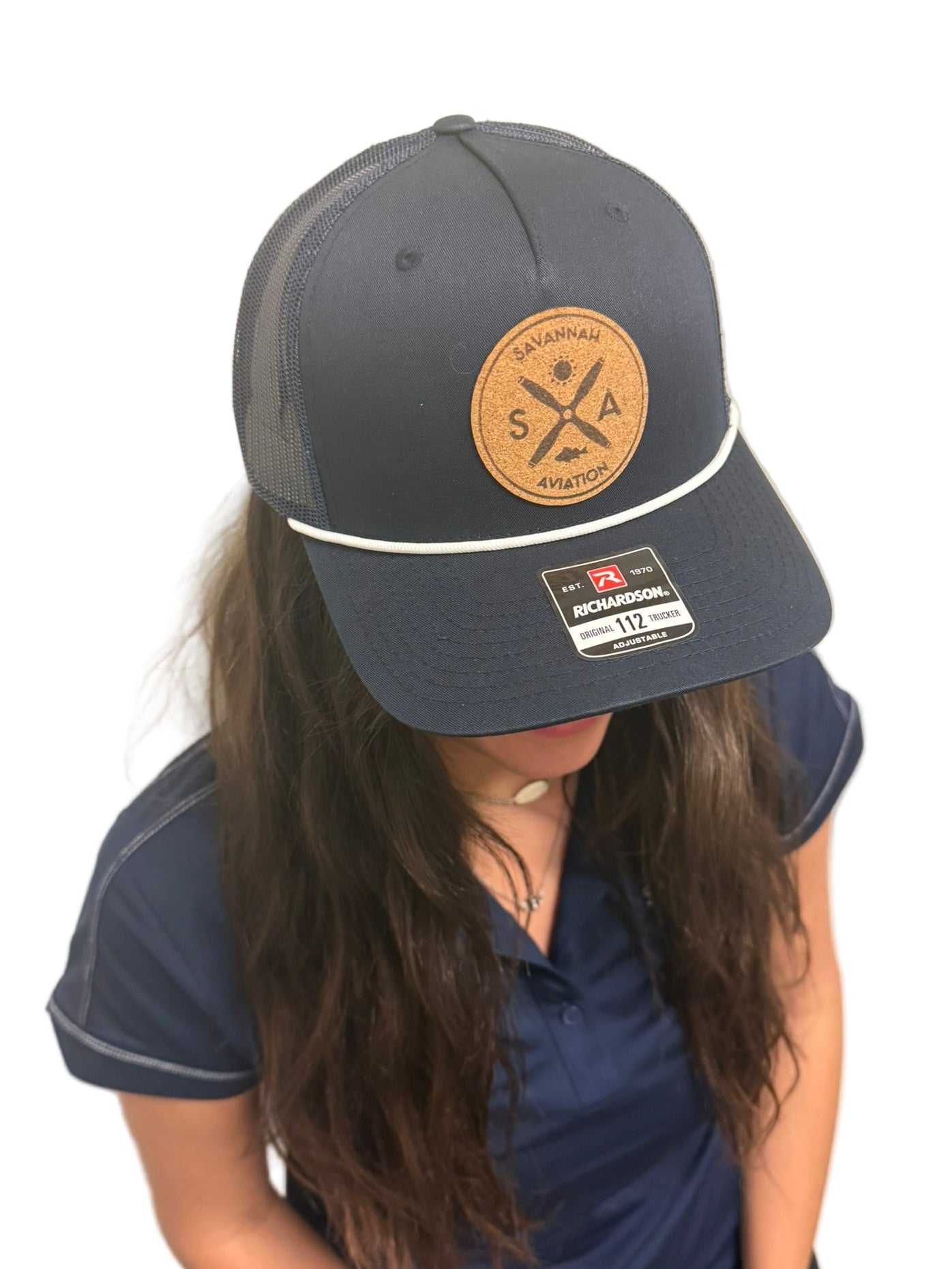 Navy White Rope Aviation Mesh Hat - Leather SA Logo