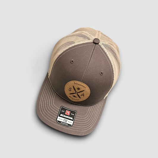 2-Tone Aviation Mesh Hat Brown & Tan - Leather SA Logo