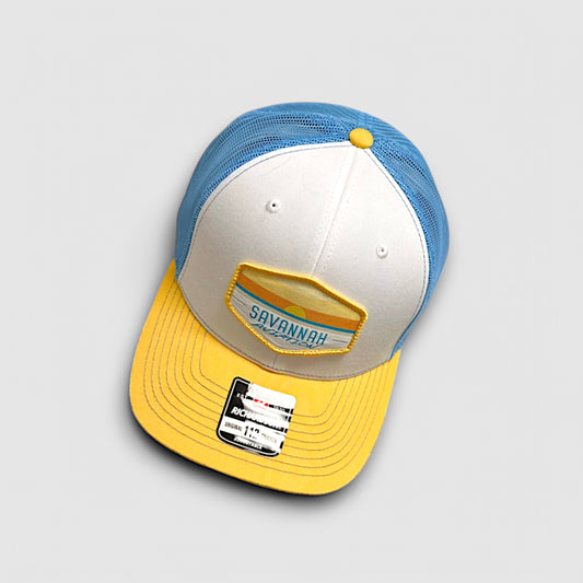 2-Tone Aviation Mesh Hat Sunset Yellow, Light Blue & White- SA Sunset Logo