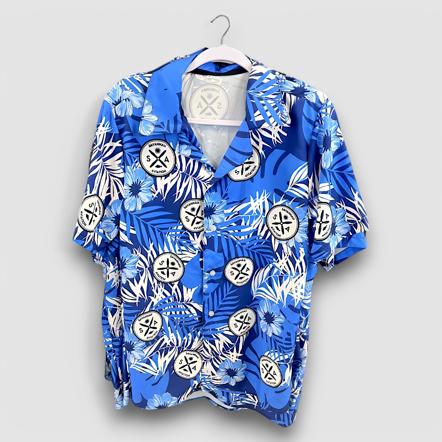 Blue Hawaiian Savannah Aviation Aloha Shirt – Tropical Floral Button-Up